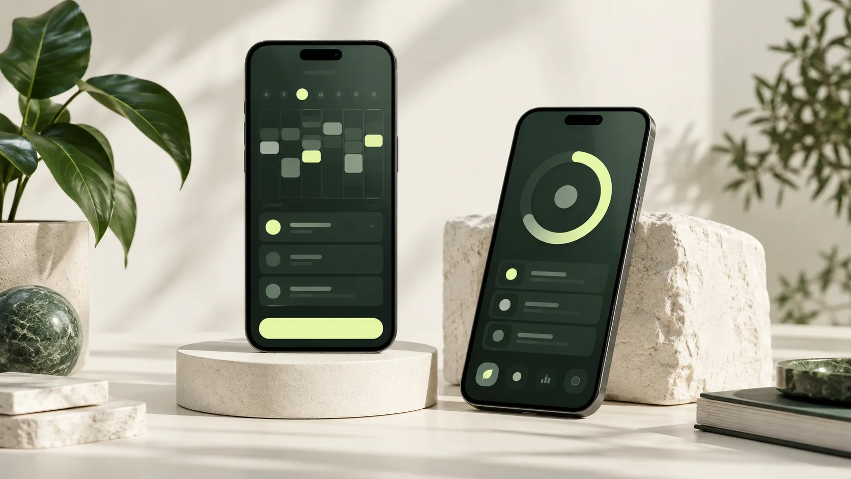 App-Konzept mit Kalender und Fortschrittsanzeige auf zwei Smartphones