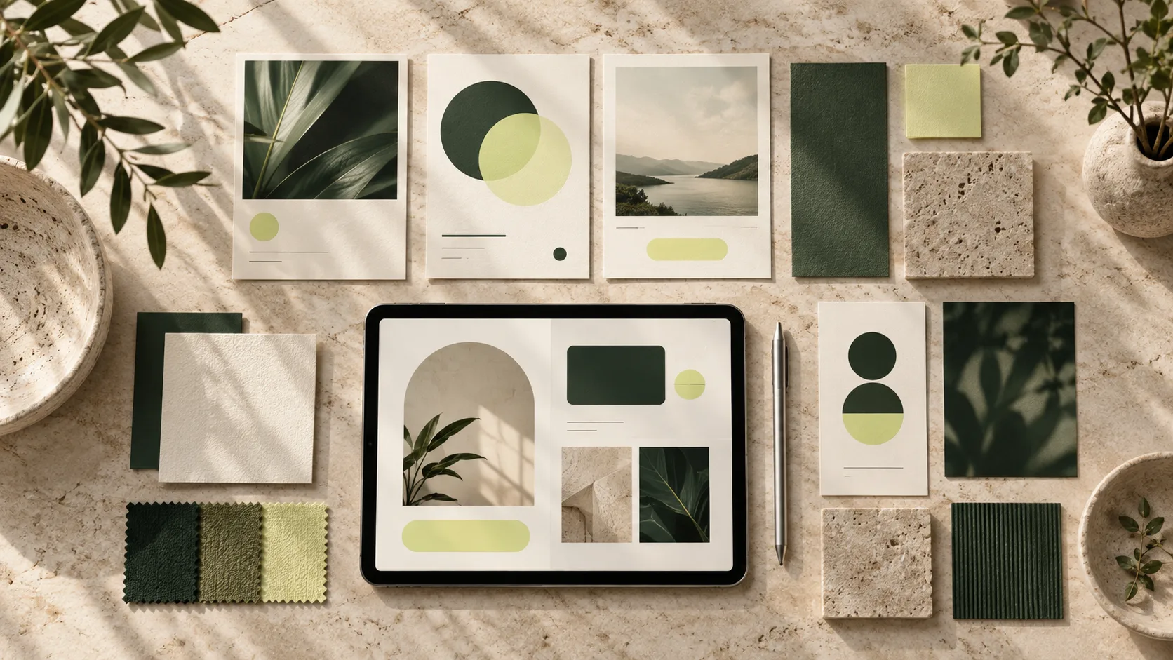 Moodboard mit Farbmustern und digitalen Layoutkonzepten