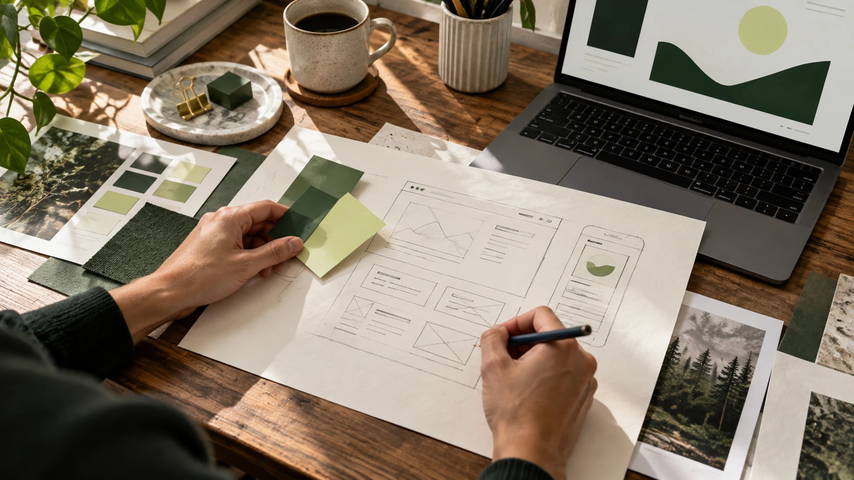 Illustrative Arbeitsszene: Hände skizzieren ein Website-Layout und wählen Farben aus