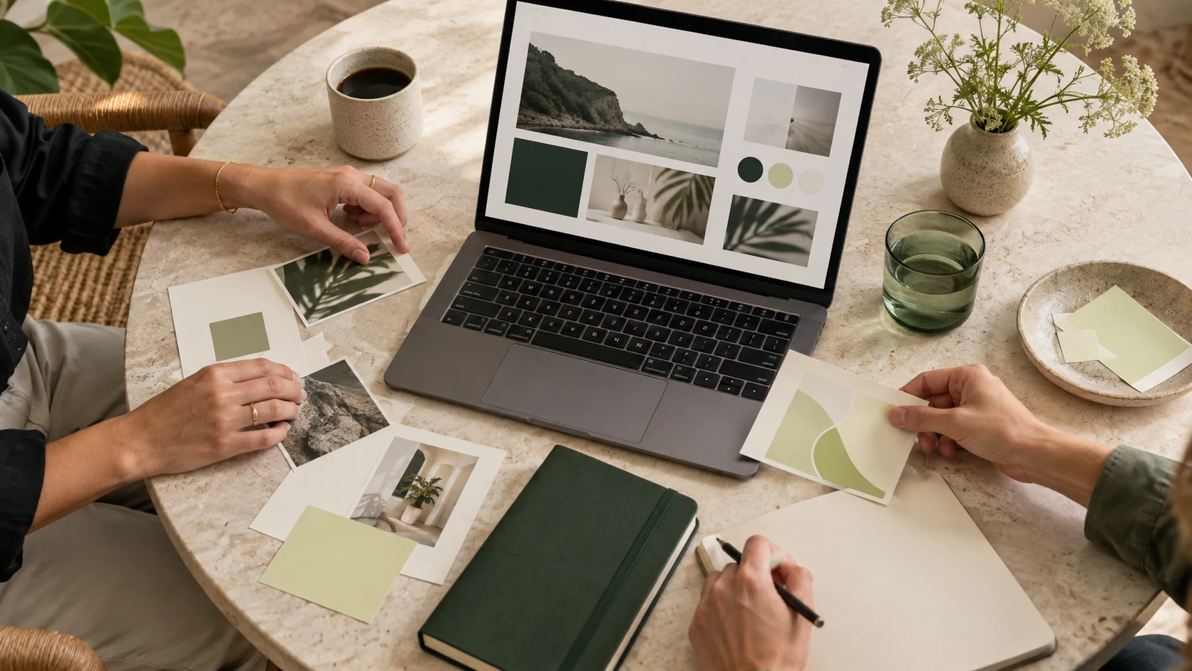 Illustrative Arbeitsszene: Zwei Personen planen ein Designprojekt mit Laptop und Karten