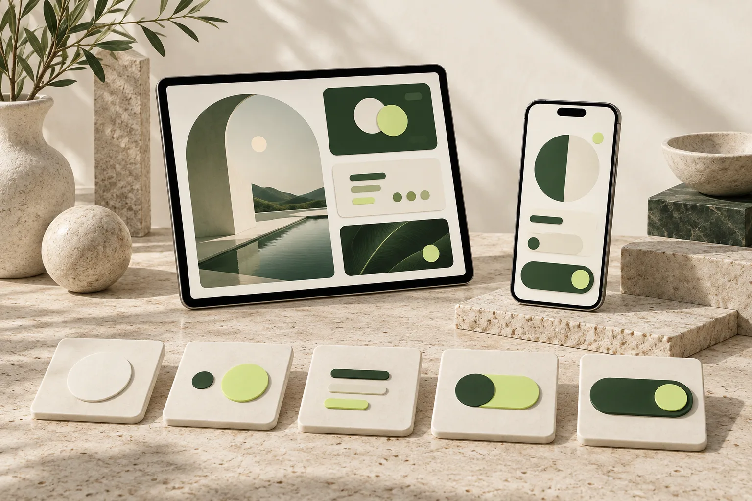Tablet und Smartphone mit abgestimmten Oberflächen und geordneten Designkarten