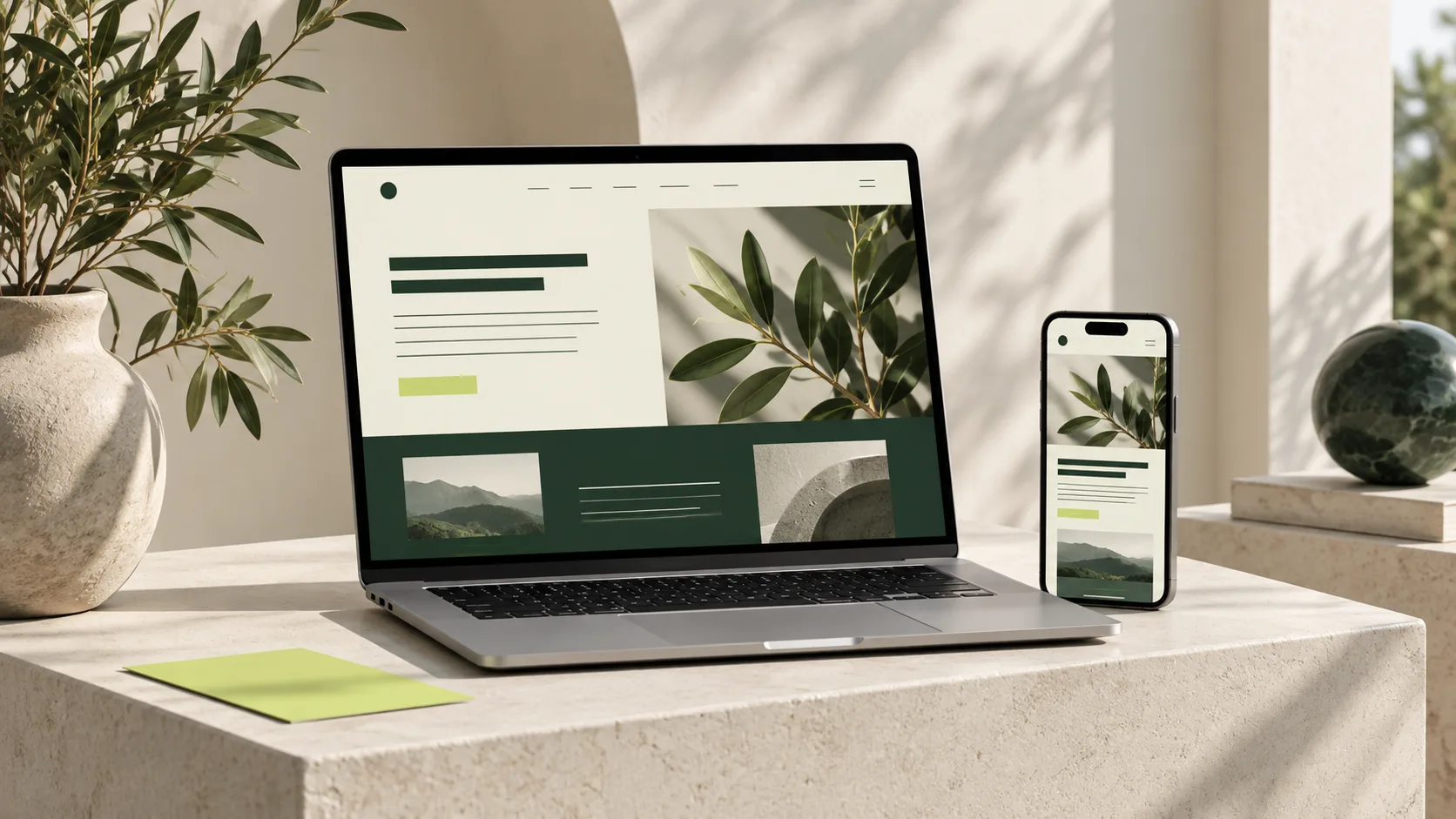 Website-Konzept auf Laptop und Smartphone in Cremeweiß und Dunkelgrün