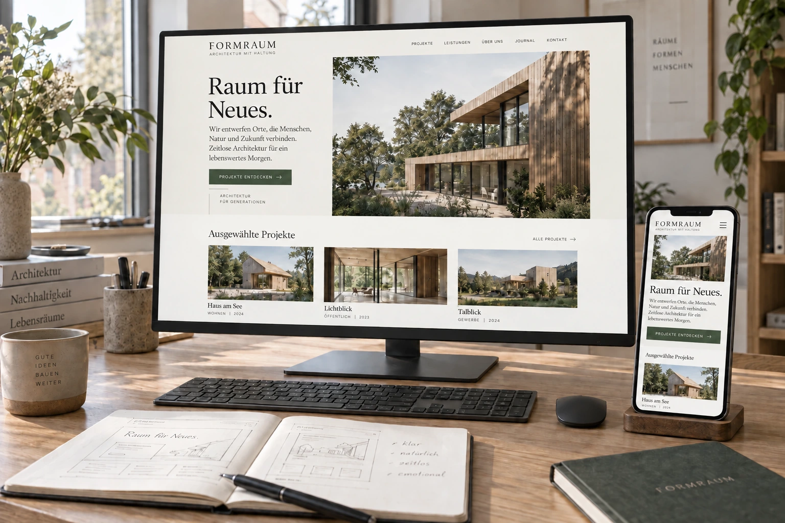 Moderner Website-Entwurf auf einem großen Monitor und einem Smartphone am Schreibtisch